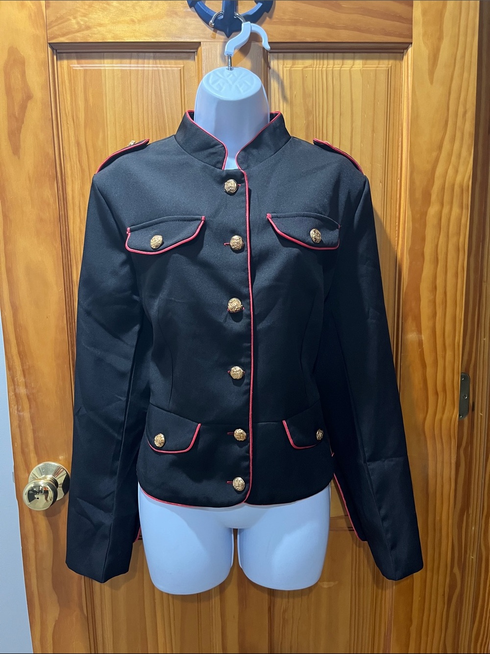 Beautiful Oshoplive Black Military-Style Jacket with Red Piping
